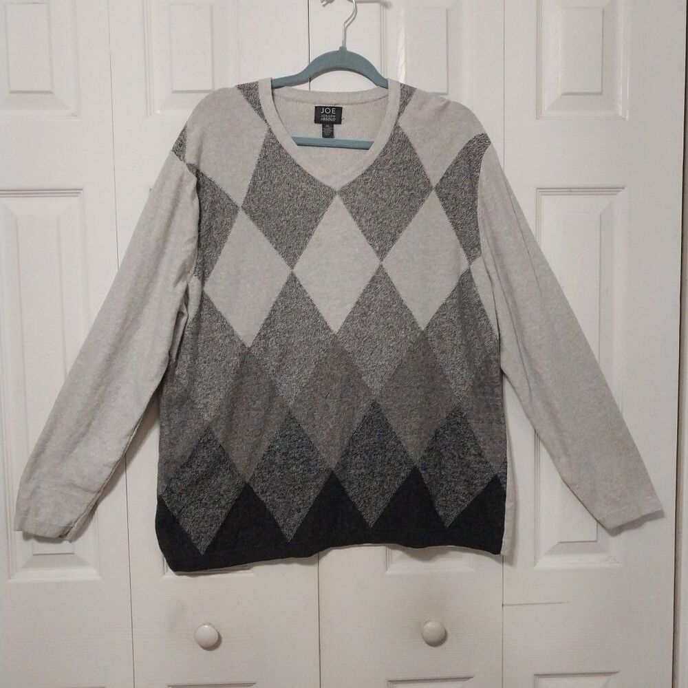 Joseph Abboud Men's Gray & Tan Classic Argyle Knit Cotton Sweater XL Longsleeve